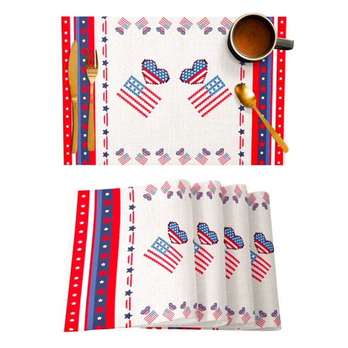ZOE GARDEN American Flag Placemats for Dining Table Set of 6, Red Blue Love Heart Stripes Stars Farmhouse Linen Cloth for Square/Rectangle/Round Table Mat Placemat, Kitchen Dinner Holiday Décor