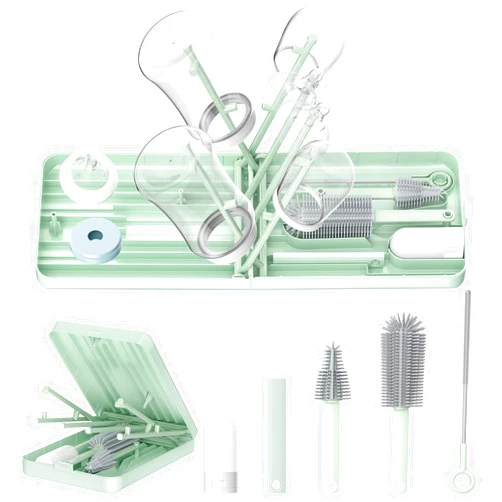 Leucite 6 in 1 Travel Baby Bottle Brush Cleaner Kit, Baby Bottle Brush Set with Extendable Bottle Brush, Nipple Brush, Straw Brush, Soap Dispenser, Drying Rack & Organizer Case, Baby Travel Essentials