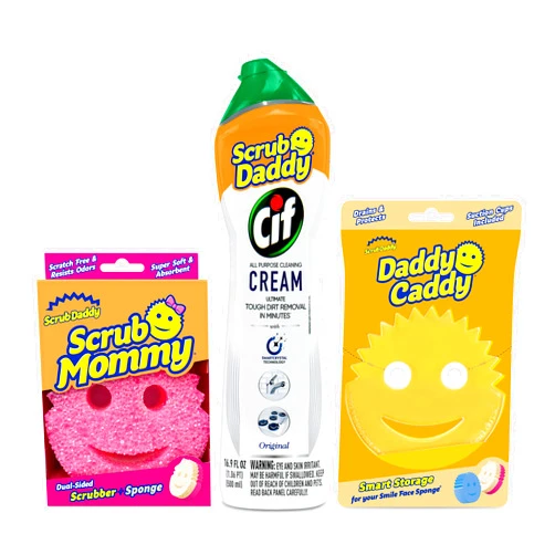 Scrub Daddy Scrub Mommy, Daddy Caddy + Cif All Purpose Cleaner - Scratch-Free, Dual-Sided Kitchen + Bathroom Scrubber + Multipurpose Cleaning Cream - Cleaning Supplies Kit for Multiple Surfaces