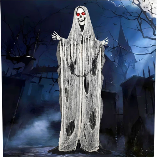 Nagudenfo Life-Size Animated Grim Reaper Halloween Decorations Outdoor, Halloween Animatronic with Touch and Sound Activated Lights and Sounds, Battery Operated Halloween Prop Decor Haunted House Yard