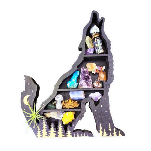 Veravellum Wolf Crystal Display Shelf - Wooden Howling Wolf Wall Shelf for Crystals, Gemstones, and Rustic Home Decor