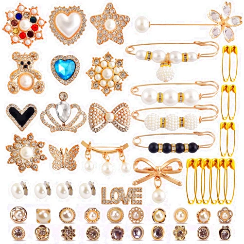 Eswala Charms for Socks Safety Pin Brooch,55pcs Junk Sock Charms Pins Gold Bling Sock Jewelry Charms,Brooch Pins for Socks,Pearl Rhinestone Brooch Pins Costom Shoe Sock Charms Kit Bulk for Hat Clothes