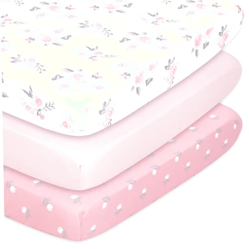 The Peanutshell 3-Pack Fitted Playard Sheets - Soft & Breathable Baby Girl Mini Crib Sheets, Pack N Play Mattress, Fits Standard Playard Pack Play Mattresses - Pink Roses & Ditsy