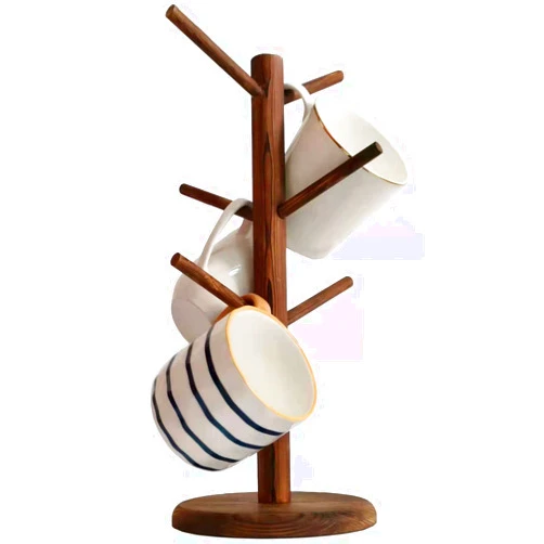 Dorhors Mug Holder Tree,Coffee Cup Holder with 6 Hooks, Wood Mug Rack for Counter,Coffee Bar Accessories and Orgnizer Station(Brown)