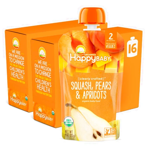 Happy Baby Organics Stage 2 Baby Food Pouches, Gluten Free, Vegan & Healthy Snack, Clearly Crafted Fruit Puree, Squash, Pears & Apricots, 4 Ounces (Pack of 16)