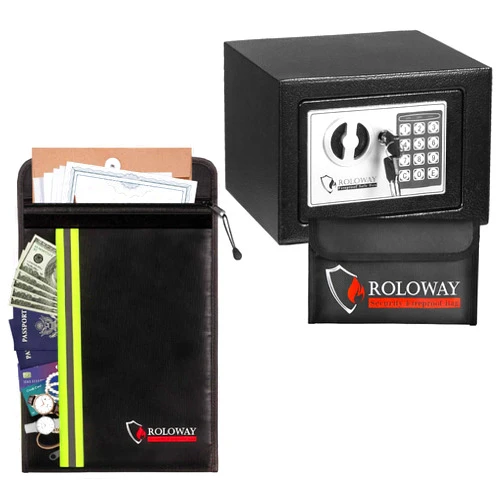 ROLOWAY Steel Small Money Safe Box Silver with Fireproof Money Bag for Cash and Fireproof Document Bag with 2 Pockets (15 x 11 inches)