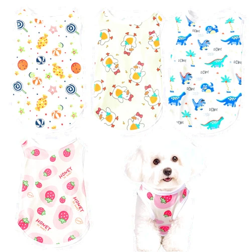 Ksheria 4 Pack Small Dog Sleeveless Shirts - Breathable Sleeveless Shirts for Dogs, Cute Printed Puppy Tees for Summer, Lightweight Pet Clothes for Indoor/Outdoor Wear Strawberry Dinosaur (Small)
