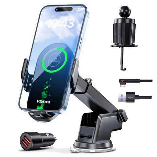 Visnfa Wireless Car Charger, 15W Fast Charging Car Phone Holder [Auto Clamping], Phone Mount for Car Dashboard Air Vent Windshield, for All iPhone Android Phone (Black)