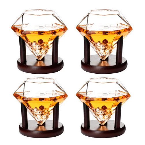 The Wine Savant Set of 4 Diamond Whiskey & Wine Glasses With Wood Stands 10oz - Wine, Whiskey, Water, Diamond Shaped, Diamonds Collection Sparkle Patented Wine Savant - Stands Alone, Or on Stand, Cocktail Barware