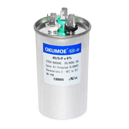Okumoe 45+5 uF 45/5 MFD 370V/440V CBB65 Dual Run Round Start AC Capacitor for AC Motor Start, Fan Start, Heat Pump, Condenser Straight Cool