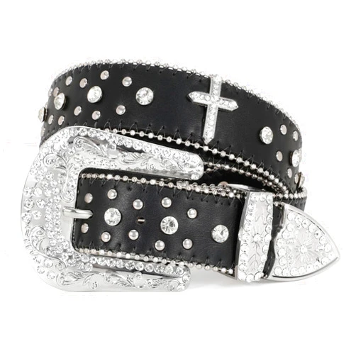 JASGOOD Rhinestone Studded Belt for Men Women, Western Leather Belt for Cowgirl Cowboy Vintage Bling Belt for Pants Dress