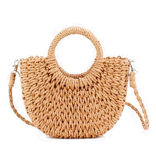 QTKJ Mini Semi-circle Rattan Straw Bag, Hand-woven Women Summer Retro Beach Tote Shoulder Bag Crossbody Travel Beach Bag