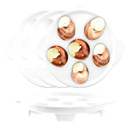 Frcctre 4 Pack Ceramic Escargot Plates with 6 Holes and Handles, 7 Inch White Mushroom Seafood Footed Plates BBQ Snail Baking Dish for Home Kitchen Restaurant