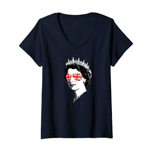 YAS QUEEN Elizabeth II England Meme Shirts British Womens Queen Elizabeth II Sunglasses British Crown Union Jack V-Neck T-Shirt