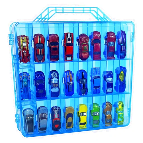 Bins & Things Hot Wheels Display Case and Toy Car Storage Organizer, Double sided 48 - Multi Compartment Plastic Car Toy Organizer Compatible with Lego, LOL Surprise Matchbox cars storage case - Blue