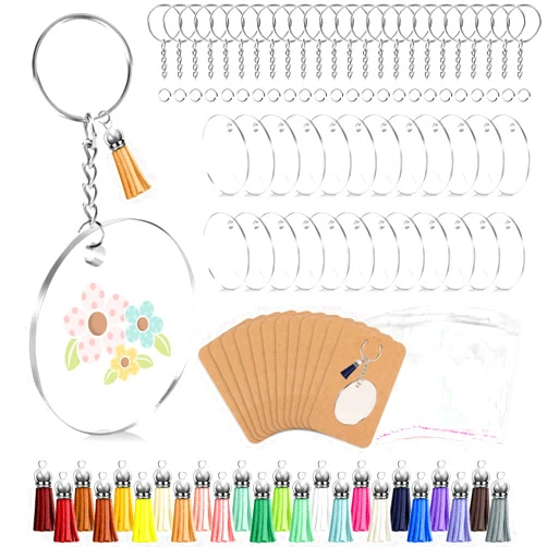 ZYNERY 144 Pcs 2 Inch Acrylic Keychain Blanks Set with Key Rings,Clear Acrylic Keychain Blanks for Cricut,Keychain Making Kit, Display Cards, Tassels, Jump Rings for DIY Key Chain Vinyl Crafting