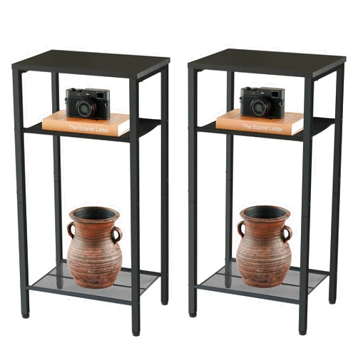 Hoctieon 2-Set 3 Tier End Table, Telephone Table Set of 2, Tall Side Table with Storage Set of 2, Small Nightstand for Small Spaces, Metal Frame, for Living Room, Bedroom, Sofa Couch, Black