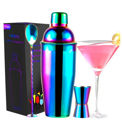 Safring 24oz Cocktail Shaker Bar Set, Martini Shaker with Built-in Strainer, Measuring Jigger, Mixing Spoon, Professional Stainless Steel Large Bartender Drink Shaker Margarita Alcohol Mixer-Rainbow