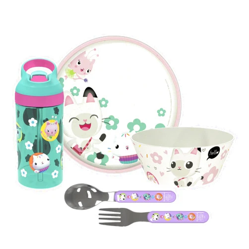 Zak Designs zak! Gabby’s Dollhouse - 5-Piece Dinnerware Set - Durable Plastic & Stainless Steel - Includes Water Bottle, 8-Inch Plate, 6-Inch Bowl, Fork & Spoon - Suitable for Kids Ages 3+