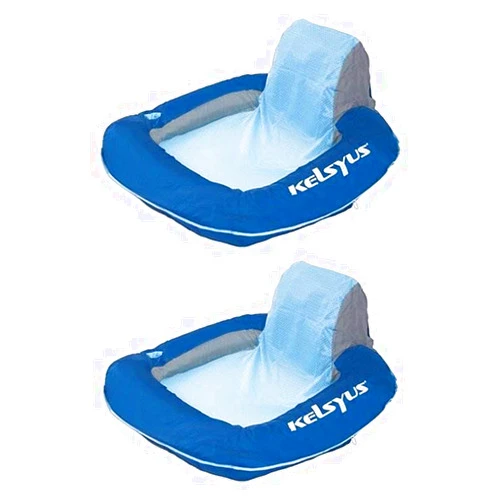 Kelsyus Floating Swimming Pool Lounger Inflatable Chair w/Built-in Cup Holder & Clip, Blue (2 Pack)