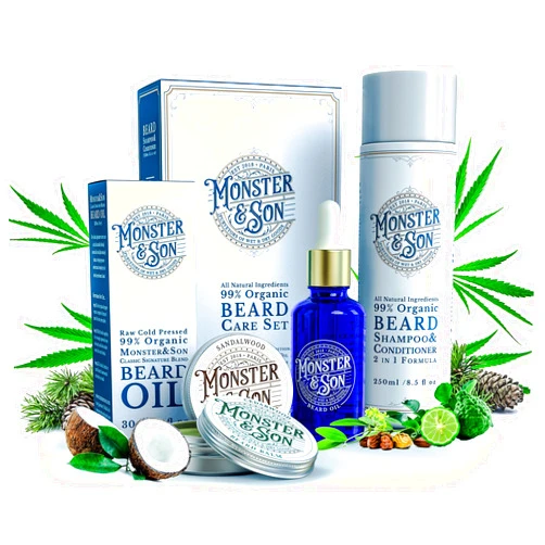 Monster&Son Organic Beard Care Growth Kit - Wash, Hydrate and Thicken your Facial Hair - All Natural, Hypoallergenic Products, Gentle on Sensitive Skin - Ideal Grooming Gift for Bearded Men