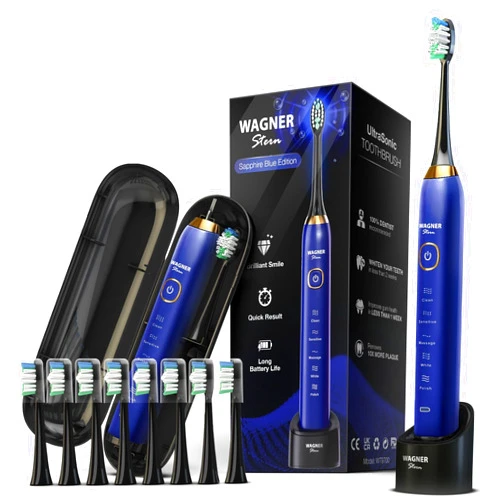 Wagner Stern The Sapphire Blue Edition ultrasonic whitening Electric Toothbrush Features Five Brushing Modes, Eight Soft Brush Heads, and a Premium Travel case.