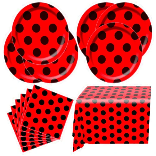 OULUN Ladybug Party Tableware Sets,20 Plates and 20 Napkins and Tablecloth87 '' x 52 '',Ladybug Theme Party Decorate Supplies