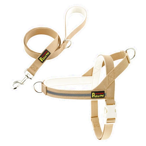 Plutus Pet Cotton Dog Harness and Leash Set, Reflective and Soft Padded, Quick Fit Vest Harness, for Small, Medium and Large Dogs, Beige, XXS