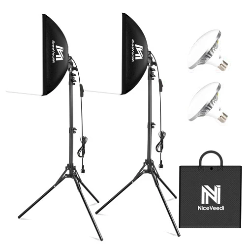 NiceVeedi Softbox Lighting Kit, NiceVeedi 2-Pack 16'' x 16'' Softbox Photography Lighting Kit with 63” Tripod Stand & 5400K 450W Equivalent LED Bulb, Continuous Lighting for Photography/Video Record