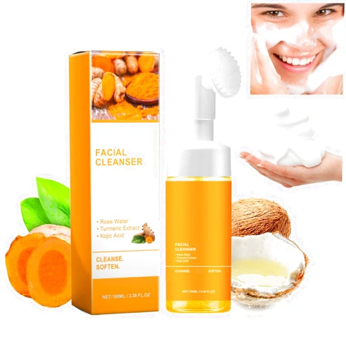JISKG Turmeric Glow Wash Face Wash With Brush, Deep Cleansing Scrub Exfoliating Turmeric Foaming Facial Cleanser For All Skin. (100ml)