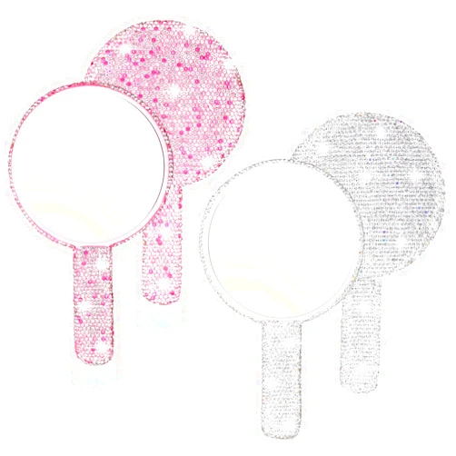 Bucherry 2 Pcs Rhinestone Hand Mirror Wedding Bling Hand Held Mirrors Adorable Dazzling Cosmetic Portable Decorative Personal Makeup Mirrors for Women Girls Bride Wedding Gift, Pink White (Round)