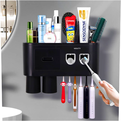 Wekity Multifunctional Wall-Mounted Toothbrush Holder, Automatic Toothpaste Dispenser Space Saving Toothbrush and Toothpaste Holder, with 2 Cups and Drawers Cosmetic Organizer (Black 2 Dispensers)