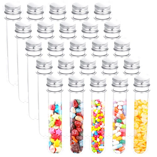 OJYUDD 25PCS Test Tubes,40ml Clear Plastic Test Tubes with Screw Caps,25x140mm Tube for Sample,Science Party,Gumball,Candy,Bath Salts