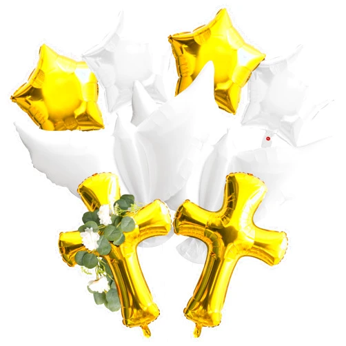 Xqumoi Religious Foil Balloons Party Decoration - 8Pcs Cross White Dove Aluminum Balloons Eucalyptus Vine for Baptism First Communion Party Supplies God Bless Christening Memorial Baby Shower (Gold)