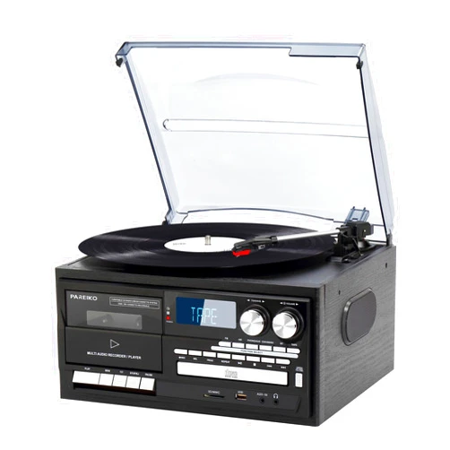 Pareiko 9-in-1 Vinyl Record Player 3 Speeds Vintage Bluetooth Turntable with Built-in Speakers, Vinyl Phonograph with 3.5mm Headphone Jack CD/Tape USB/SD/MMC AM/FM Radio, Black