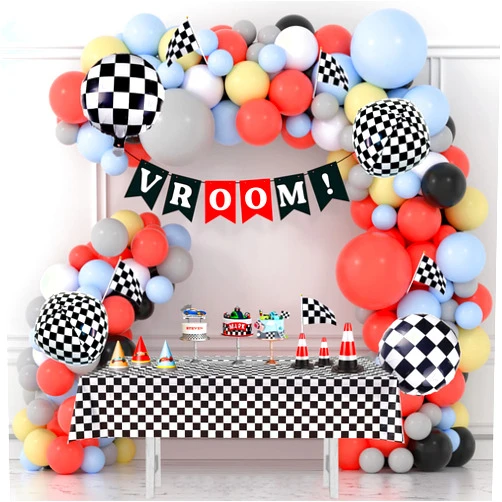 Fxozru Race Balloon Garland Arch Kit Pastel Coral Gray Yellow Baby Blue Black White Balloons with Checkered Foil Balloons Tablecloth Flag Banner for Car Sports Birthday Baby Shower Decorations Party Supplies