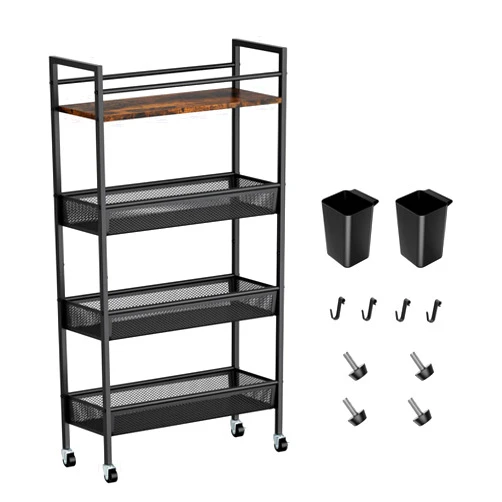 Dunatou Slim Storage Cart, 4 Tier Kitchen Rolling Utility Cart, Narrow Unit Slide Out Cart with Handle, 5.9 Inches Wide, Metal Organization and Storage for Kitchen, Bathroom, Laundry