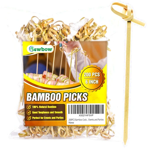 Bewbow 200PCS Bamboo Cocktail Picks 6 Inch, Handmade Sticks Cocktail Skewers, Cocktail Picks Fruit Toothpick for Appetizers, Fancy Toothpicks for Events and Parties