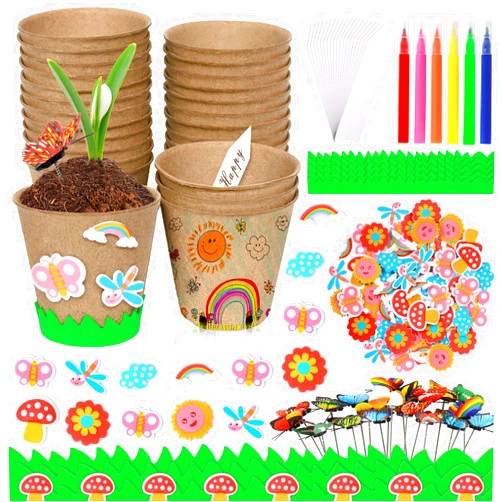 Aweyka Garden Paper Pot Craft Kit 20 Pack Flower Plant Spring Craft with 50pcs Adhesive Foam Stickers 20pcs Paper Mache Pots Label Pen Flower Planting Growing Kit Science for Kids Mother Day
