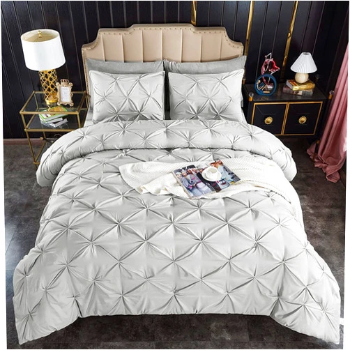 Anex Linen 3 Piece Duvet Cover Set Queen/Full | Silver Pinch Pleated Duvet Cover with 2 Pillowshams 100% Best Cotton 600 TC Premium Best Feel Lightweight Duvet/Quilted Cover with Zipper & Corner Ties