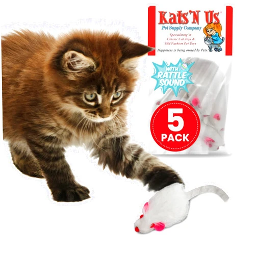 Kats'N Us Real Rabbit Fur White Mouse Cat Toy - 5 Pak - Rattle Sound