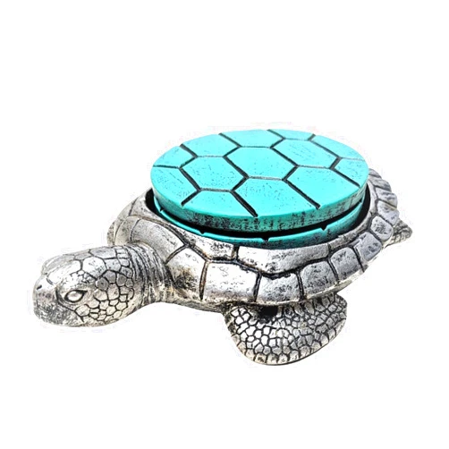 AMAJY Sea Turtle Coaster Set with Holder – 4 Nautical, Ocean, and Tropical Silver & Turquoise Resin Coasters – Coastal Beach Home, Bar, Kitchen, or Dining Room Décor – Ideal Gift for Sea Life Lovers
