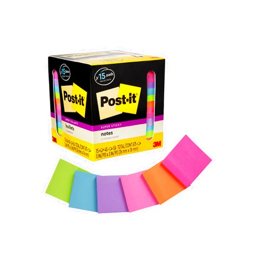 Post-it Super Sticky Notes, Assorted Bright Colors, 3x3 in, 15 Pads/Pack, 45 Sheets/Pad, 2x the Sticking Power, Recyclable, Multi-color
