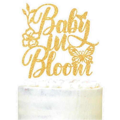 LOVELY BITON Baby in Bloom Cake Topper, Oh Baby/Welcome Little One, Flower Theme Pregnancy Announcement/Baby Shower Party Decoration Supplies, Gold Glitter