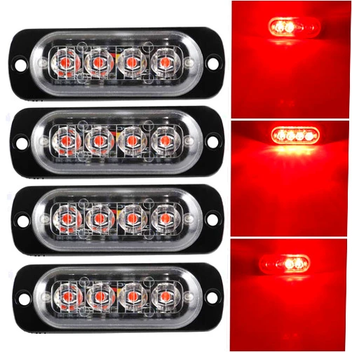 Teguangmei 4Pcs Ultra Thin 4LED Emergency Strobe Lights Universal Surface Mount 12-24V Emergency Warning Hazard Beacon Flash Caution Light Bar for Car ATVs Truck (Red)