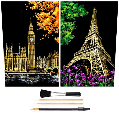 MIASTAR Scratch Painting Kits for Adults & teens, Craft Art Set, Rainbow Scratch Art Painting Paper, Sketch DIY Night View Scratchboard, 16'' x 11.2'' Creative Gift with 3 Tools kit (Eiffel Tower / Big Ben)