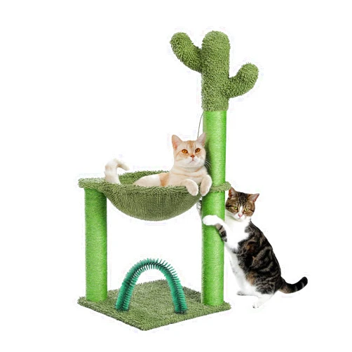 PAWZ Road Cactus Cat Tree, 33 Inchs Cat Tower with Cat Self Groomer, Soft Hammock and Fully Wrapped Sisal Scratching Post for Indoor Cats