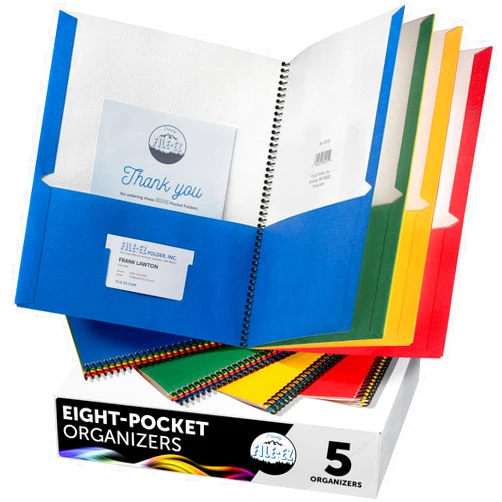 FILE-EZ 8-Pocket Folder Organizers, Assorted Colors, 5-Pack, Durable Textured Paper with Matte Finish, Letter Sheet Size (EZ-10500)