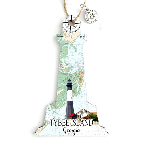 MapMom Tybee Island, GA Lighthouse Shaped Wood Map Ornament | 4” Tall Wood Hanging Map Ornament with Artwork & Charm | Perfect for Wine Bottles, Gift Bags, or Christmas Tree