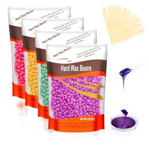 WYBLZPXZ 4 Colors Hard Wax Beads for Hair Removal,Gentle Hard Wax Kit with 10 Applicator Sticks,Peel-Off Waxing Beads for Facial and Full Body